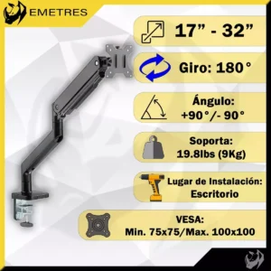 Brazo Para Monitor, Base Monitor Escritorio, Soporte Para Monitor, Soportes Para Pantallas Monitor 17 A 32 Pulgadas, Base Tv Brazo 32 Pulgadas Emetres - Imagen 2